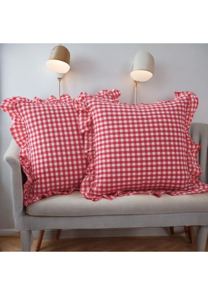 Kırmızı Beyaz Rengi Vintage Fırfırlı Pötikareli Pamuklu Kırlent Kılıfı Kareli Bohem Kırlent Kılıfı 43X43 modelleri