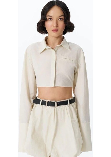 00016 Sırt Dekolte Kemerli Crop Gömlek Taş