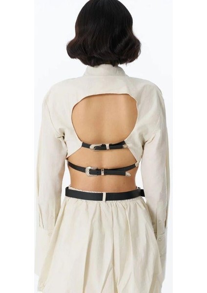 00016 Sırt Dekolte Kemerli Crop Gömlek Taş indirimleri