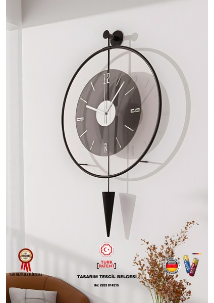 Yuvarlak (BÜYÜK BOY-50*82cm) - Füme Masippi (E x C L U S I V E ) - Siyah Metal Duvar Saati