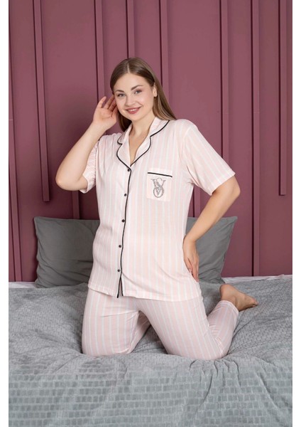 Büyük Beden Viskon Kumaş Pembe Çizgili Pijama Takımı - 9331