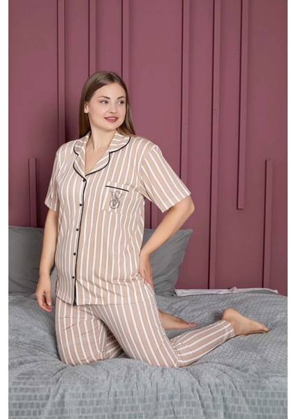 Büyük Beden Viskon Kumaş Kahverengi Çizgili Pijama Takımı - 9331
