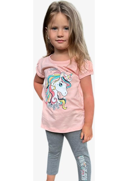 Kız Çocuk Kapri Taytlı Takım Unicorn 2-6 Yaş, Somon