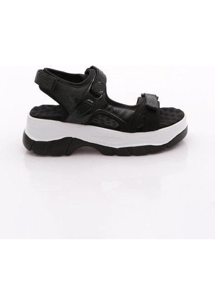 Kadın Sandalet Kalın Tabanlı Cirtli Siyah Taşlı Şıklık ve Rahatlık