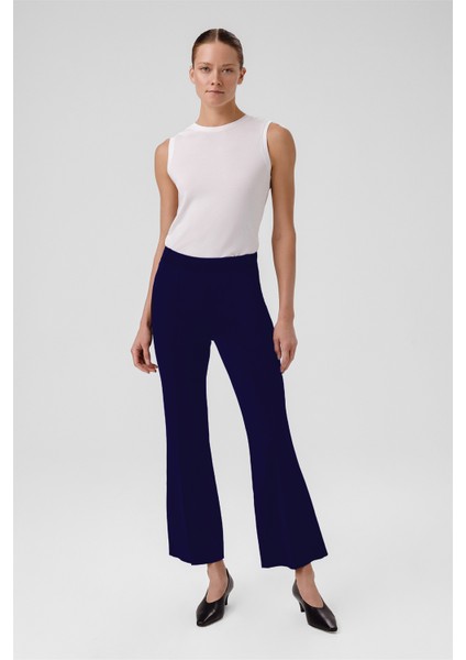 Lacivert Nervürlü Ispanyol Paça Kadın Pantolon