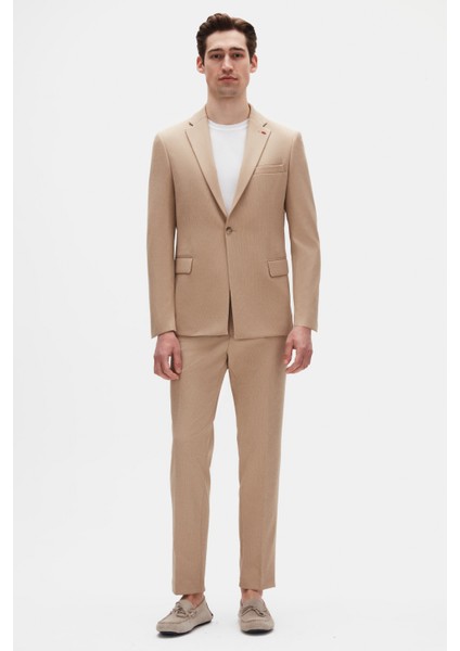 Slim Fit Bej Fitilli Örme Takim Elbise 4EC05ORT01566