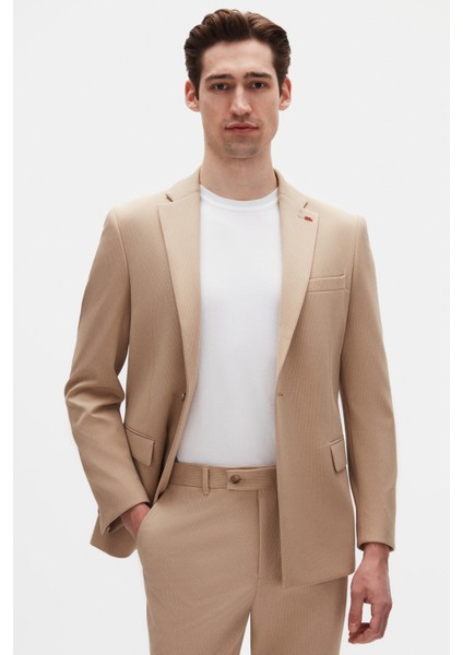 Slim Fit Bej Fitilli Örme Takim Elbise 4EC05ORT01566