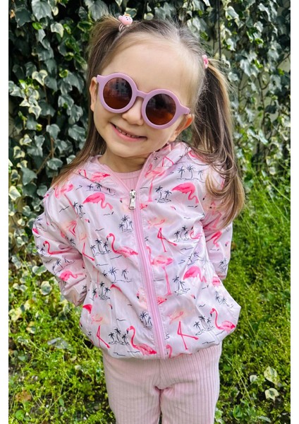 Kız Çocuk Yağmurluk Sevimli Flamingo Desenli 1-5 Yaş, Pudra
