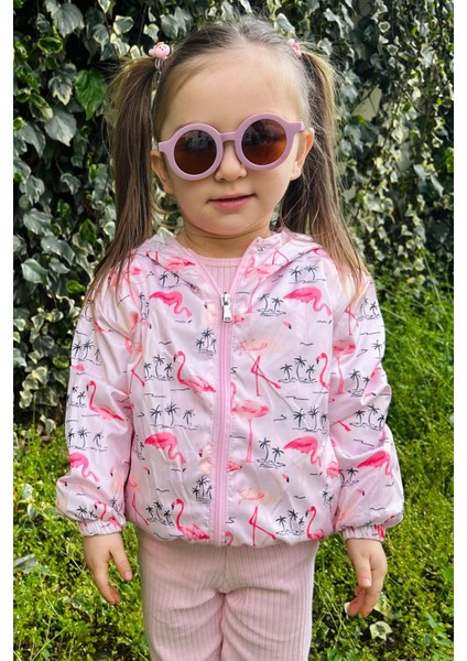 Kız Çocuk Yağmurluk Sevimli Flamingo Desenli 1-5 Yaş, Pudra