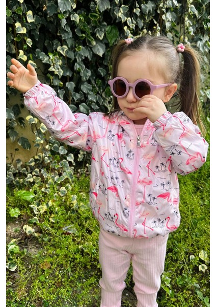 Kız Çocuk Yağmurluk Sevimli Flamingo Desenli 1-5 Yaş, Pudra