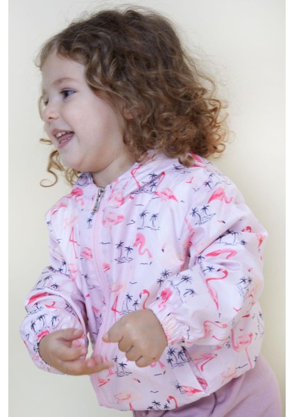 Kız Çocuk Yağmurluk Sevimli Flamingo Desenli 1-5 Yaş, Pudra