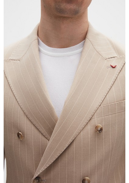 Ds Damat Regular Fit Bej Çizgili Kruvaze Takim Elbise 4HF05ORT01588