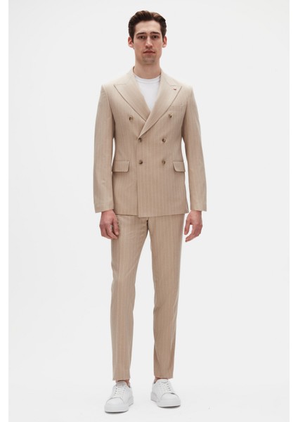Ds Damat Regular Fit Bej Çizgili Kruvaze Takim Elbise 4HF05ORT01588