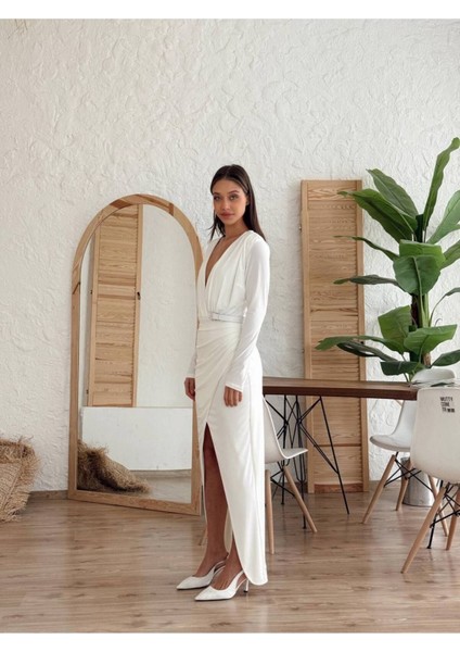 Kadın Abiye Derin Degaje Yaka Likralı Kemer Detaylı Bodycon Maxi Elbise - Abiye & Mezuniyet Elbisesi fırsatları
