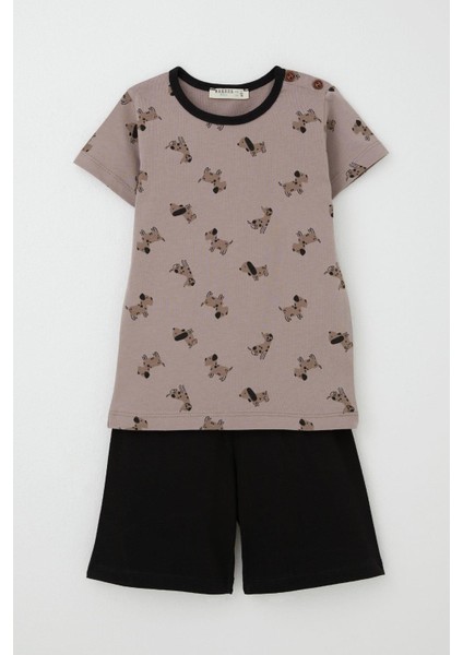 Erkek Bebek Pijama Takımı Sevimli Köpekcik Desenli 9 Ay-3 Yaş, Kahverengi
