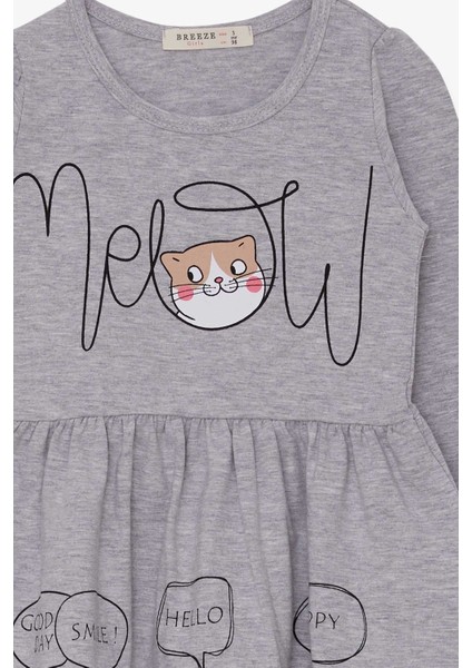 Kız Çocuk Uzun Kollu Elbise Kedicik Desenli 3-7 Yaş, Gri Melanj modelleri