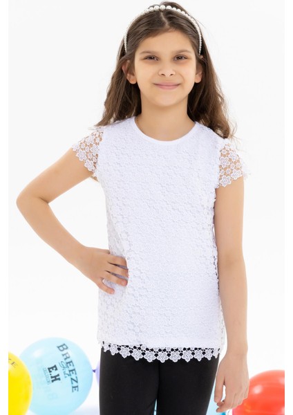 Kız Çocuk Tişört Çiçek Nakışlı 8-14 Yaş, Ekru