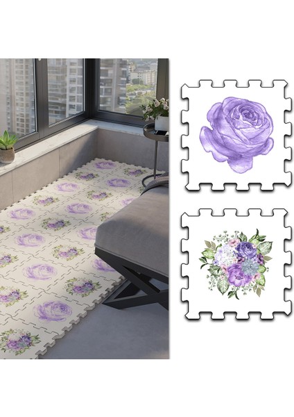 Dijital Baskılı Gül Desenli Balkon Halısı Yolluk Yapboz Puzzle Japon Halı