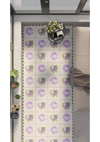 Dijital Baskılı Gül Desenli Balkon Halısı Yolluk Yapboz Puzzle Japon Halı