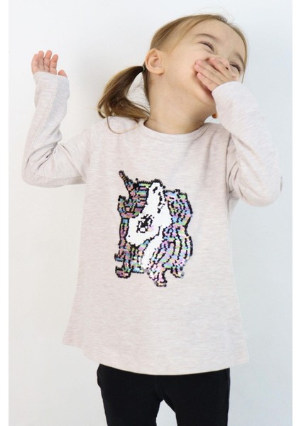 Kız Çocuk Uzun Kollu Tişört Pullu Unicorn 4-8 Yaş, Bej Melanj