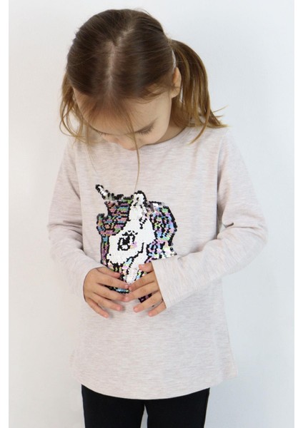Kız Çocuk Uzun Kollu Tişört Pullu Unicorn 4-8 Yaş, Bej Melanj