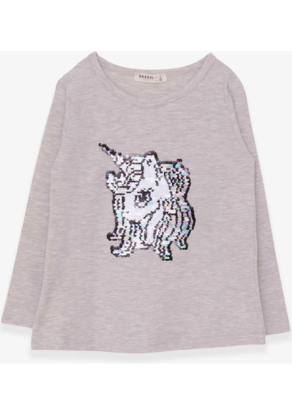 Kız Çocuk Uzun Kollu Tişört Pullu Unicorn 4-8 Yaş, Bej Melanj
