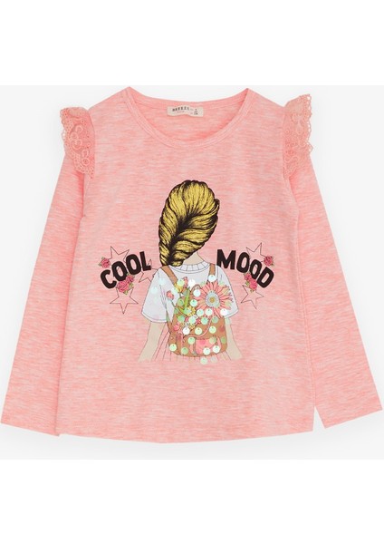 Kız Çocuk Uzun Kollu Tişört Omuzu Güpürlü 4-9 Yaş, Somon Melanj