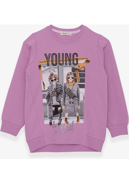 Kız Çocuk Sweatshirt Dostluk Temalı 6-12 Yaş, Eflatun
