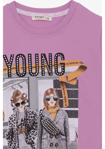 Kız Çocuk Sweatshirt Dostluk Temalı 6-12 Yaş, Eflatun