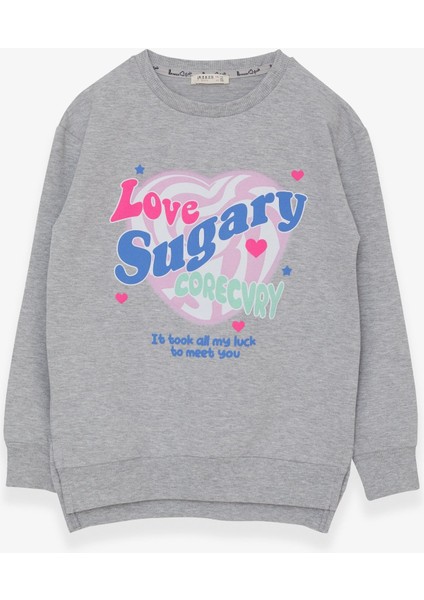 Kız Çocuk Sweatshirt Yazı Baskılı Yırtmaçlı 9-14 Yaş, Açık Gri Melanj