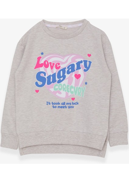 Kız Çocuk Sweatshirt Yazı Baskılı Yırtmaçlı 9-14 Yaş, Bej Melanj