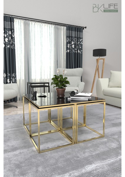 Paris 4+1 Gold Siyah Cam Modern Orta Sehpa