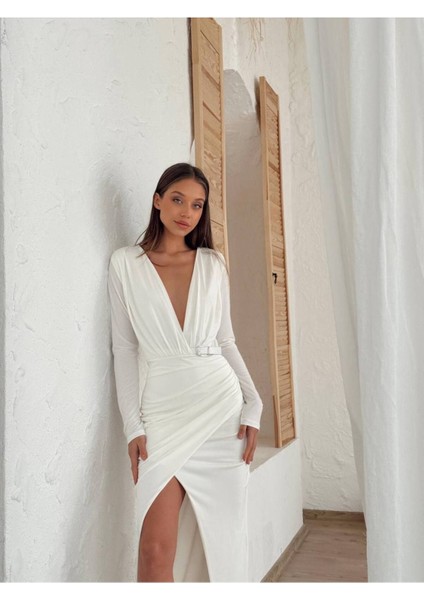 Kadın Abiye Derin Degaje Yaka Likralı Kemer Detaylı Bodycon Maxi Elbise - Abiye & Mezuniyet Elbisesi fiyatları