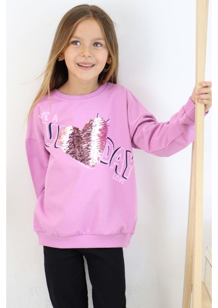 Kız Çocuk Sweatshirt Pullu Yazı Baskılı 4-8 Yaş, Lila