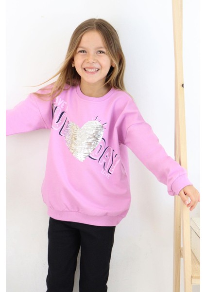 Kız Çocuk Sweatshirt Pullu Yazı Baskılı 4-8 Yaş, Lila