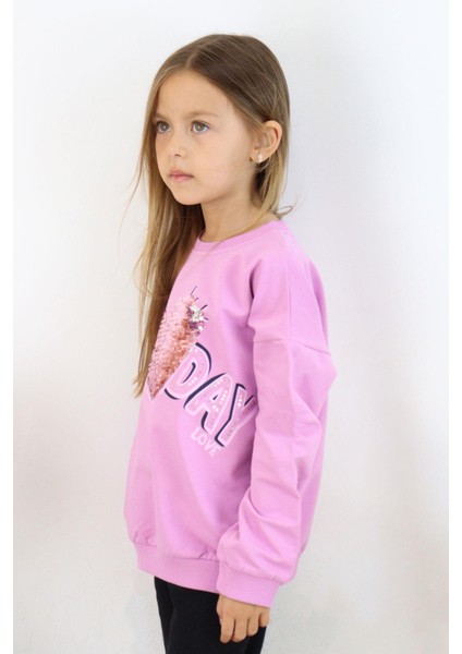 Kız Çocuk Sweatshirt Pullu Yazı Baskılı 4-8 Yaş, Lila