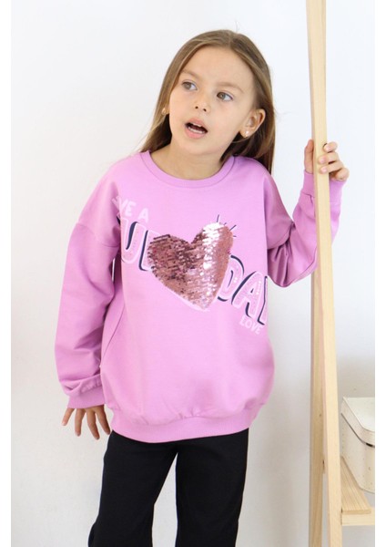 Kız Çocuk Sweatshirt Pullu Yazı Baskılı 4-8 Yaş, Lila