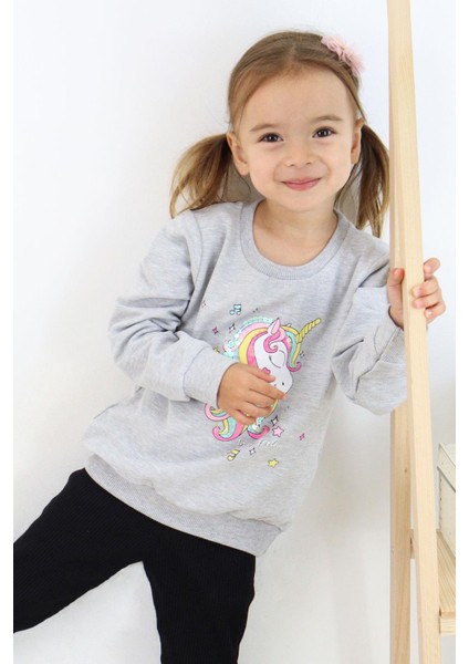 Kız Çocuk Sweatshirt Baskılı Pullu Unicorn 2-6 Yaş, Gri Melanj