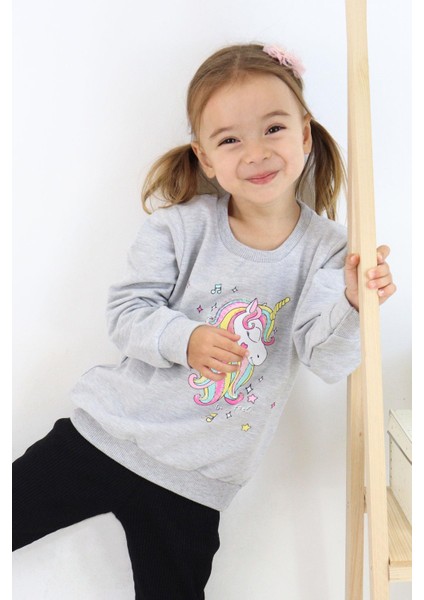 Kız Çocuk Sweatshirt Baskılı Pullu Unicorn 2-6 Yaş, Gri Melanj