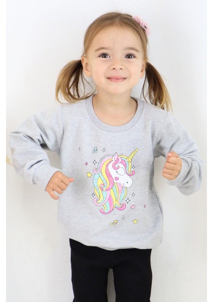 Kız Çocuk Sweatshirt Baskılı Pullu Unicorn 2-6 Yaş, Gri Melanj