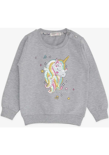 Kız Çocuk Sweatshirt Baskılı Pullu Unicorn 2-6 Yaş, Gri Melanj