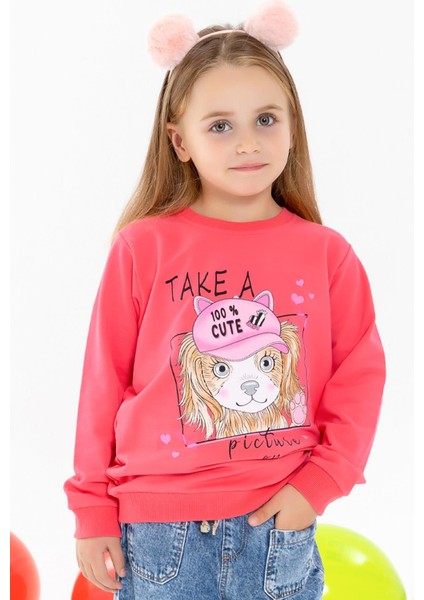 Kız Çocuk Sweatshirt Köpekcik Baskılı 3-7 Yaş, Mercan