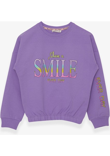 Kız Çocuk Sweatshirt Simli Yazı Baskılı 8-14 Yaş, Lila
