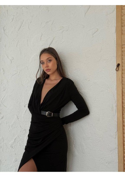 Kadın Abiye Derin Degaje Yaka Likralı Kemer Detaylı Bodycon Maxi Elbise - Abiye & Mezuniyet Elbisesi fırsatları