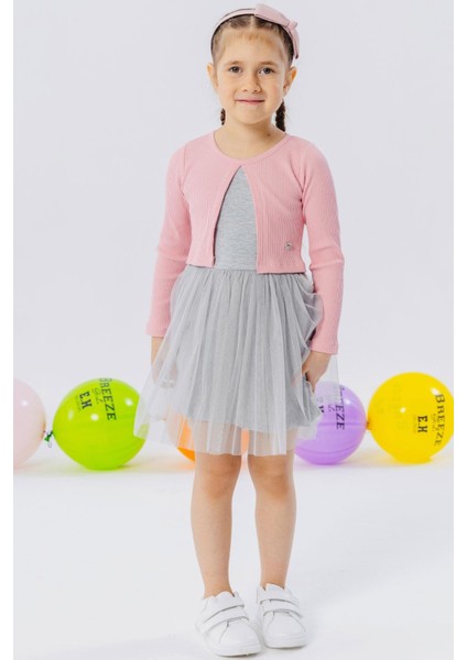 Kız Çocuk Uzun Kollu Elbise Tüllü 3-8 Yaş, Pembe