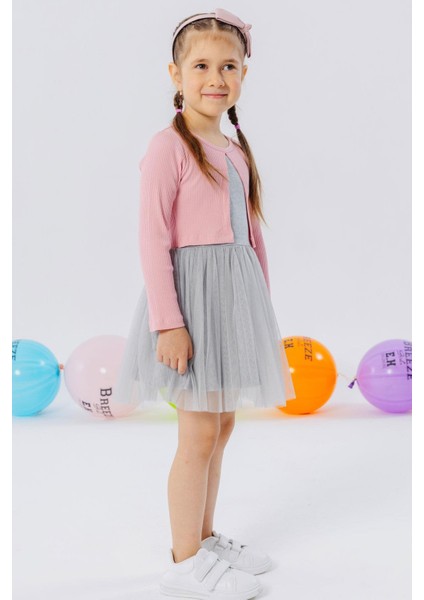 Kız Çocuk Uzun Kollu Elbise Tüllü 3-8 Yaş, Pembe