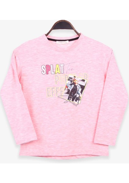 Kız Çocuk Uzun Kollu Tişört Baskılı Taşlı 8-14 Yaş, Somon Melanj