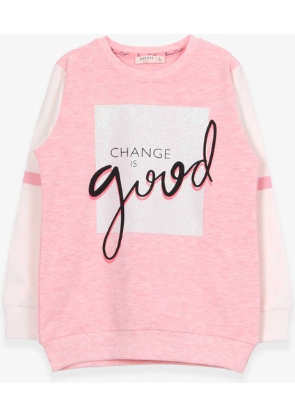 Kız Çocuk Sweatshirt Simli Yazı Baskılı 8-14 Yaş, Somon Melanj