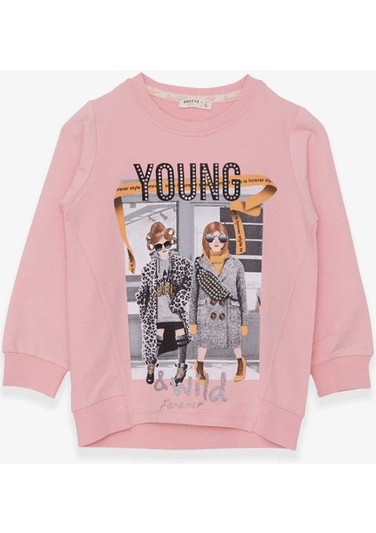 Kız Çocuk Sweatshirt Dostluk Temalı 6-12 Yaş, Pudra