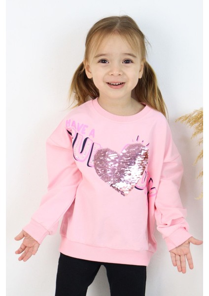 Kız Çocuk Sweatshirt Pullu Yazı Baskılı 4-8 Yaş, Pudra